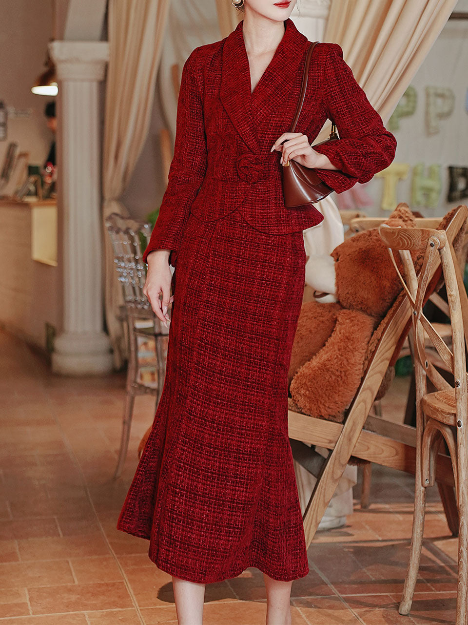 Warm Christmas Red Tweed Blazer and Skirt Set
