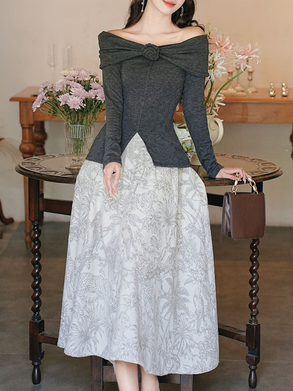 Gray Off Shoulder Slit Knit Top and Floral Jacquard Maxi Skirt Set