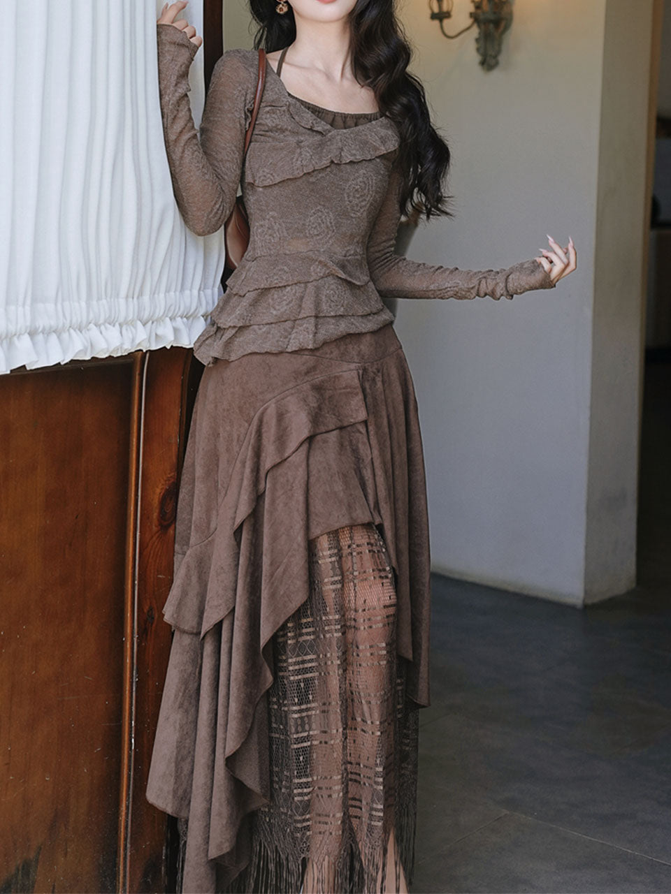 1950S Vintage Brown Rose Top and Irregular lace Swing Skirt Set