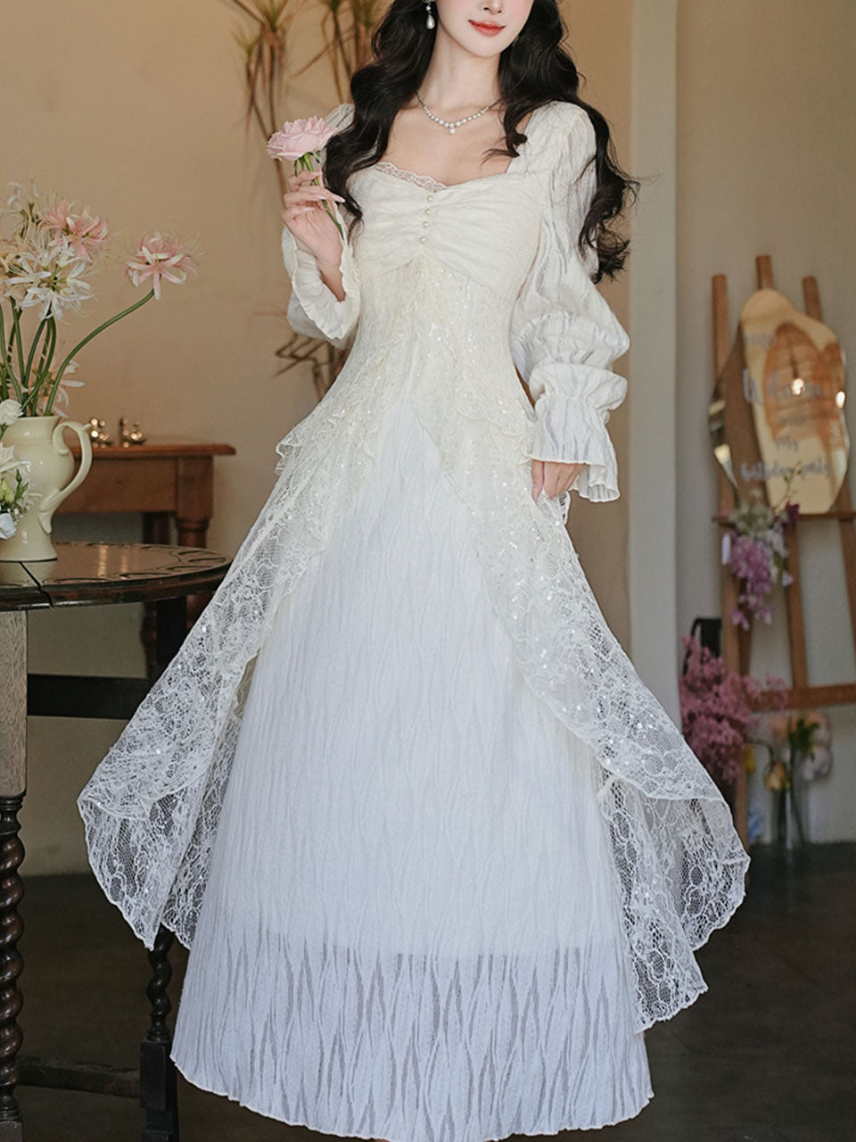 White Lace Ruffle Long Sleeve Sequined Vintage Dress