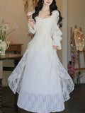 White Lace Ruffle Long Sleeve Sequined Vintage Dress