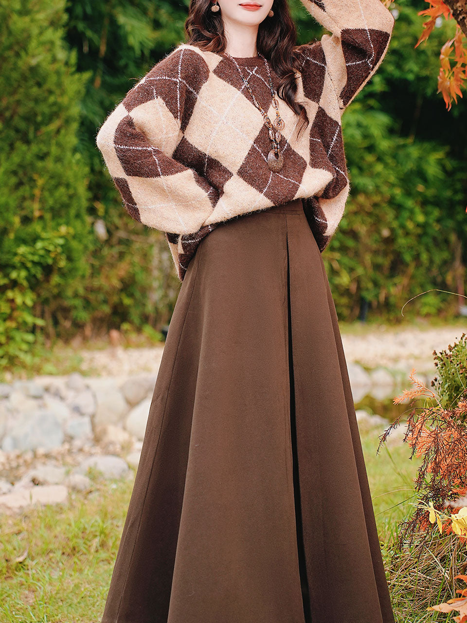 2PS Vintage Brown and White Argyle Sweater and Brown Swing Skirt Vintage Audrey Hepburn's Style Outfits