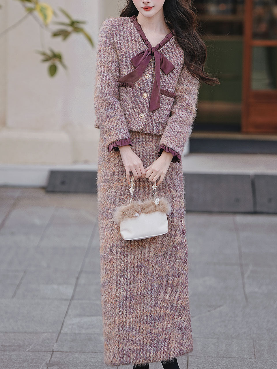 2PS Purple Bow Tweed Warm Coat