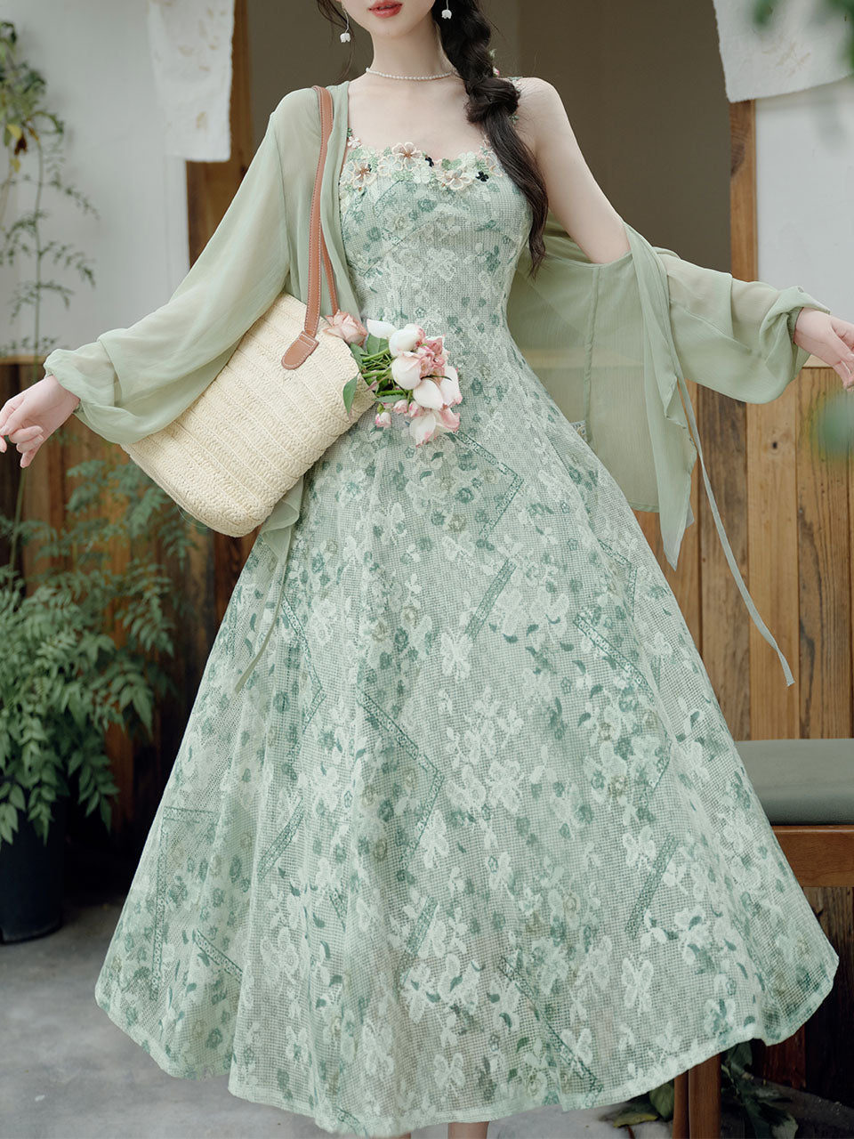 2PS Green Floral Print Lace Dress