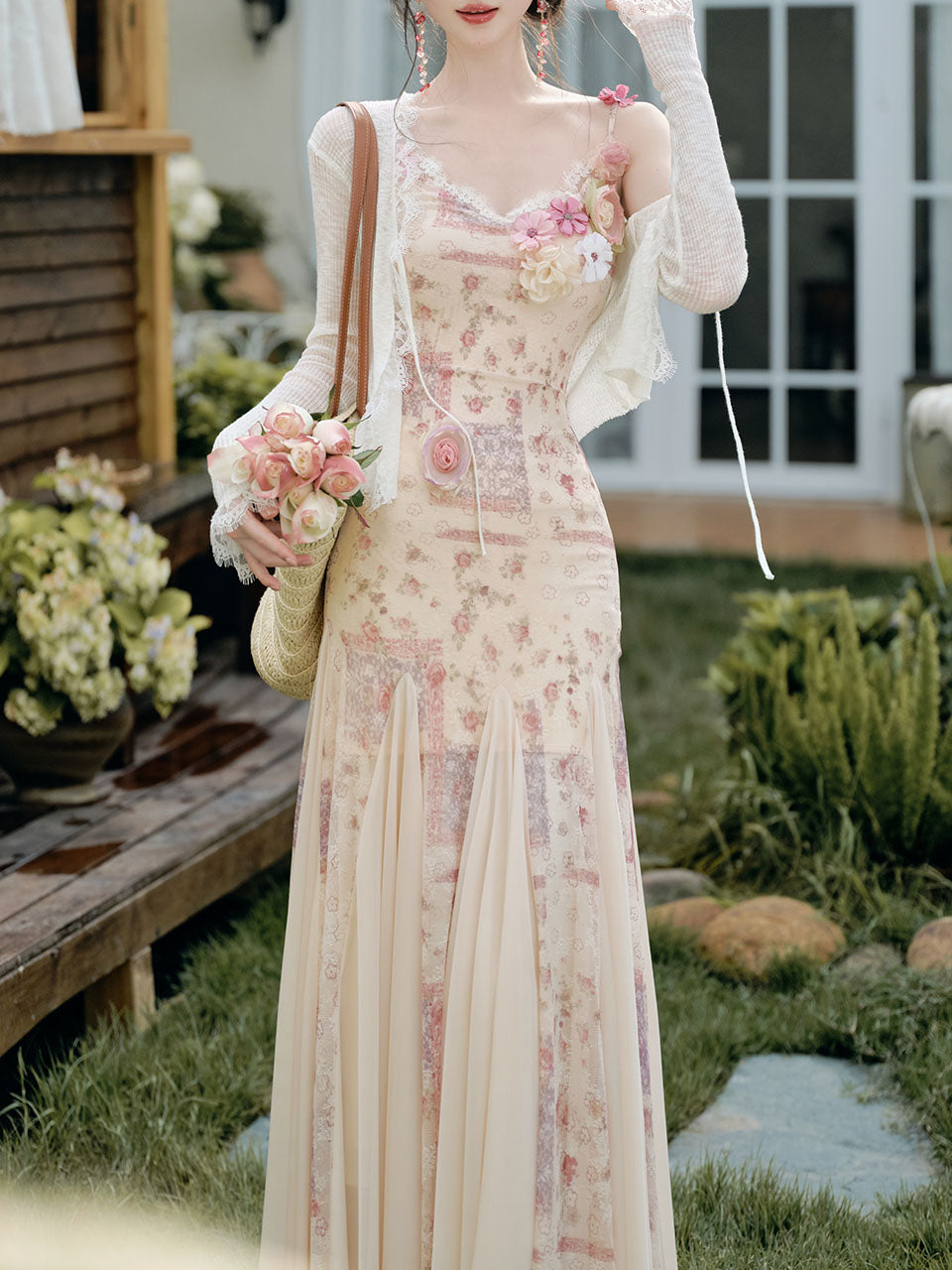 Pink Floral Print Spaghetti Strap Fishtail Flared Vintage Maxi Dress