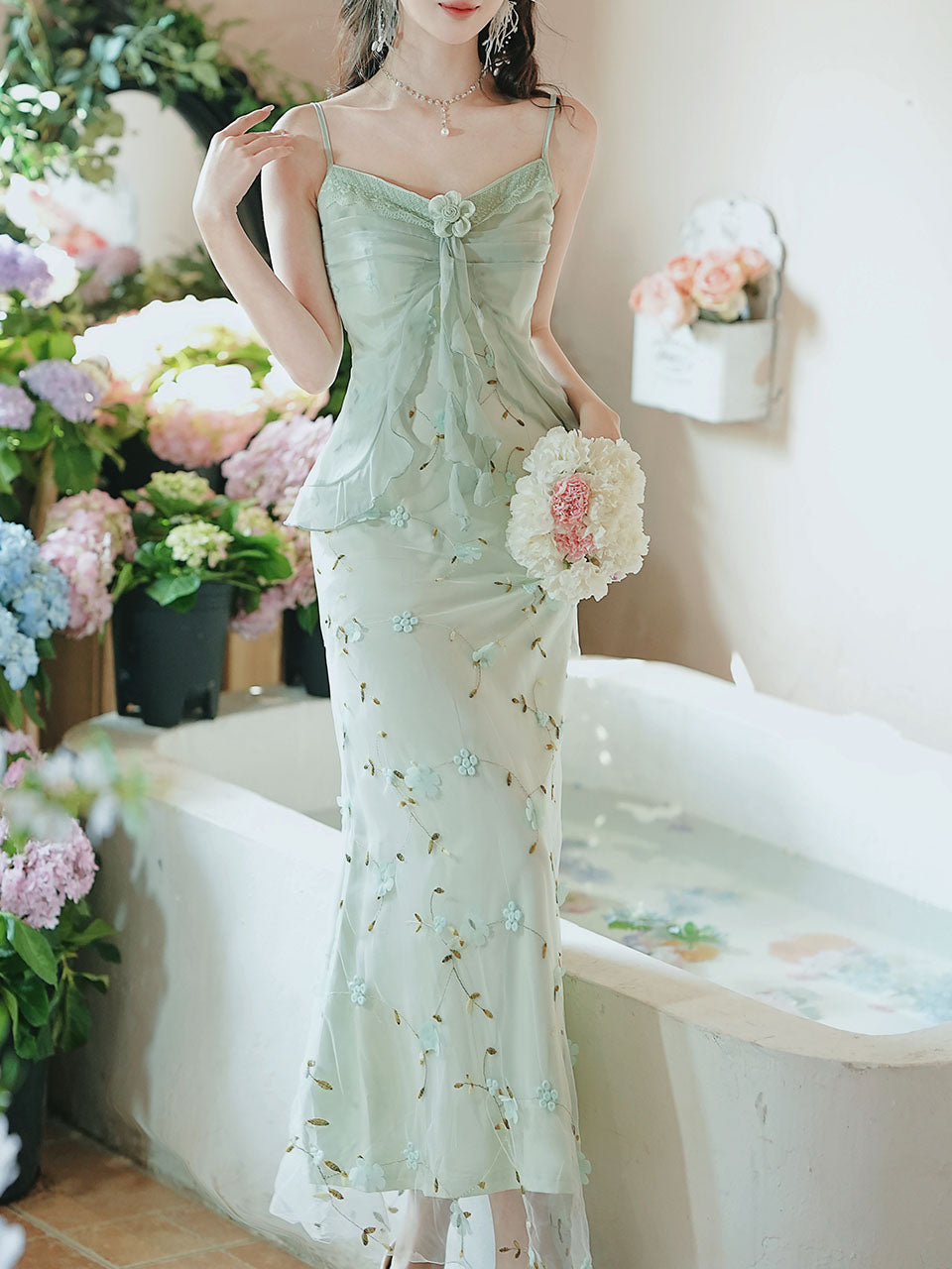 2PS Green Floral Printed Spaghetti Strap Vintage Dress