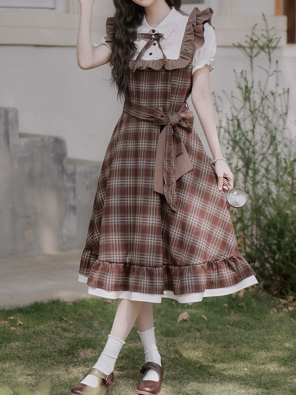 Brown Plaid Fake Two-Piece Short Sleeve Vintage Dress