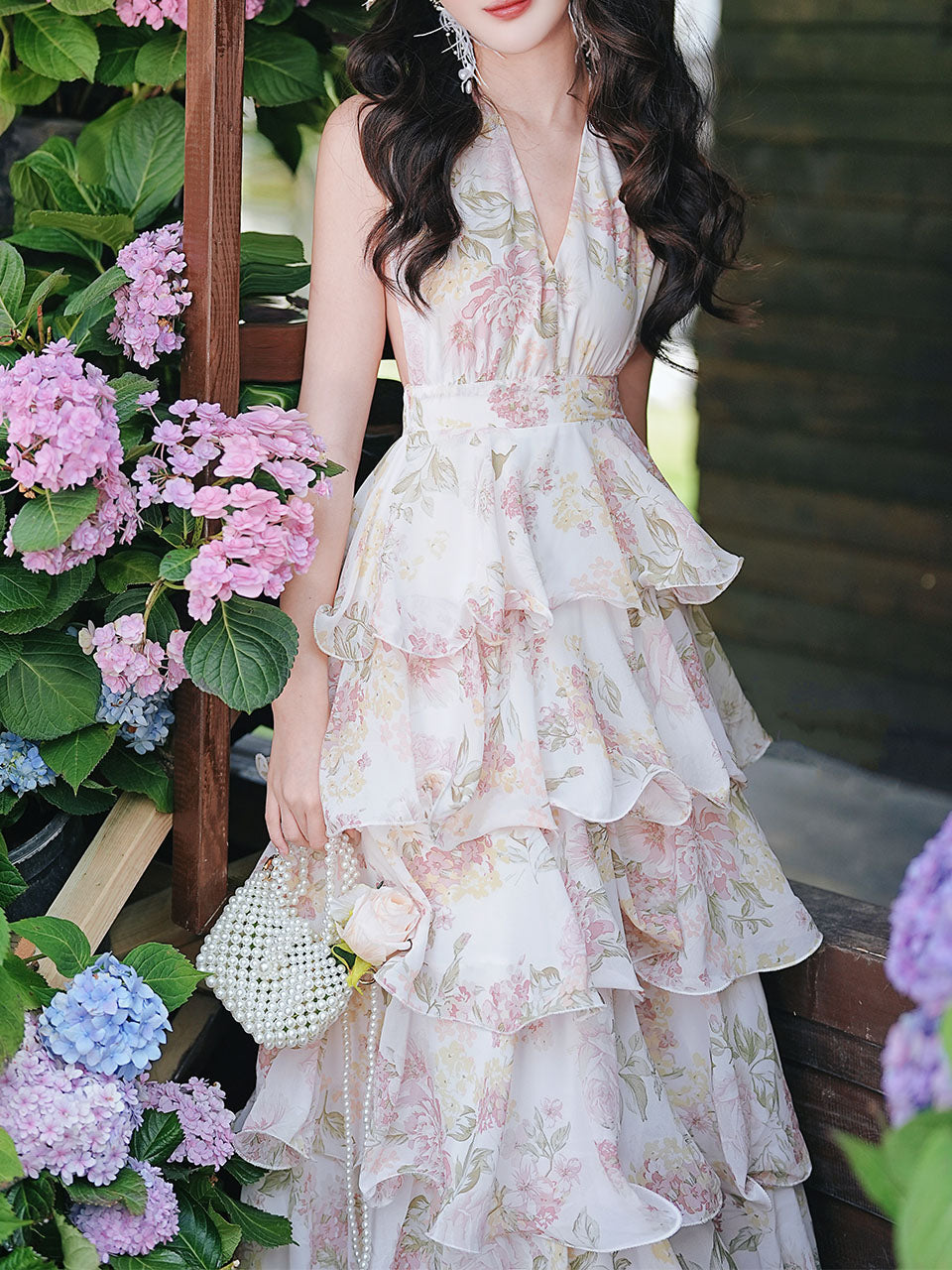 Pink Floral Print Halter Neck Backless Vintage Dress