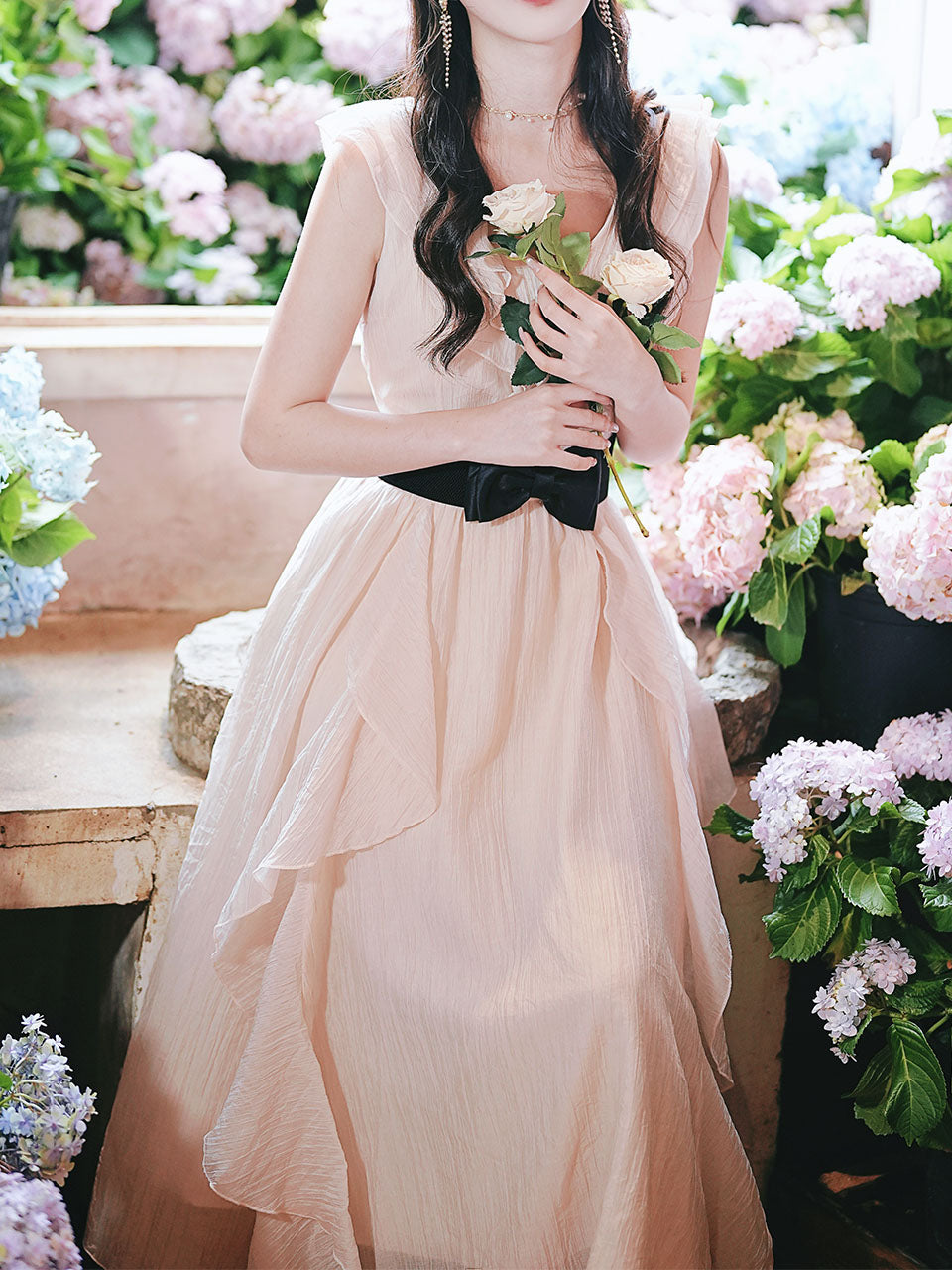 Pink Flowy Ruffle V-Neck Dress