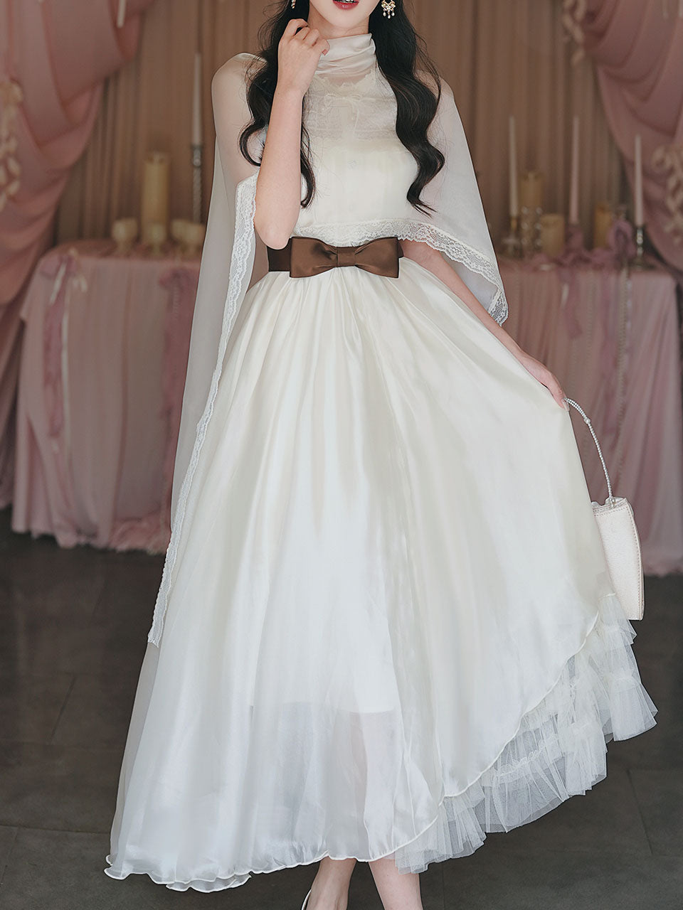 1950s Vintage White Lace Organza Maxi Dress for Women
