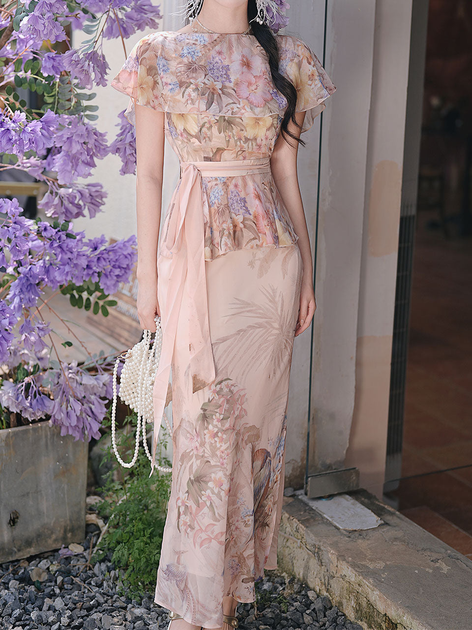 2-Way Wear Vintage Floral Print Cape Sleeve Chiffon Dress for Summer Vacation