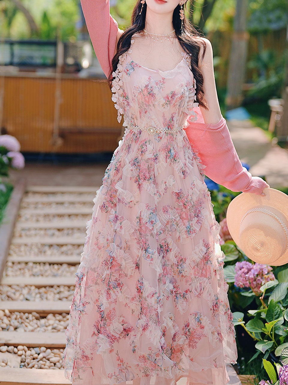 2PS Pink Ruffles Floral Printed Spaghetti Strap Vintage Dress