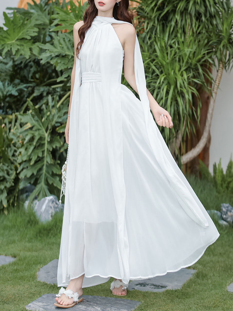 Audrey Hepburn style White Halter Neck Muse Maxi Dress