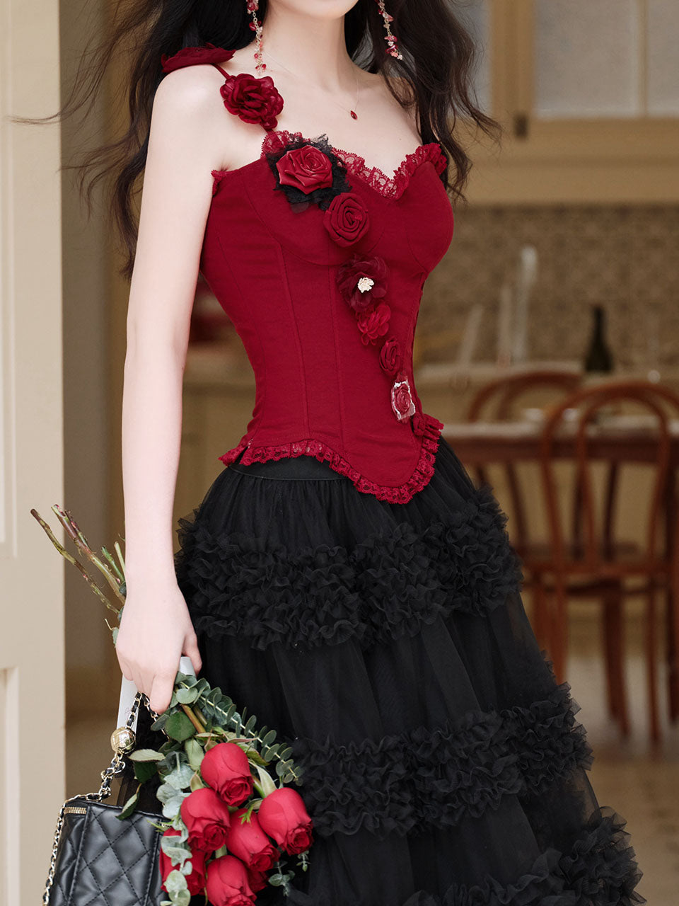 Gothic Red Corset Tiered Tulle Maxi Dress  Rose Asymmetric Ruffle Dark Romantic Party Gown