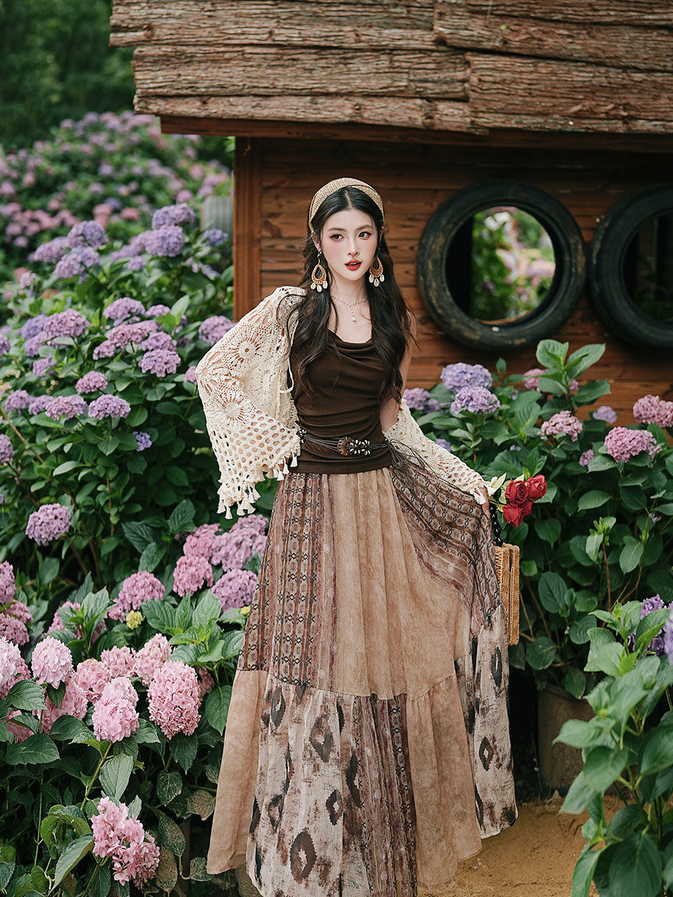 Vintage Boho Patchwork Maxi Skirt - Flowy A-Line Tiered Long Skirt for Women