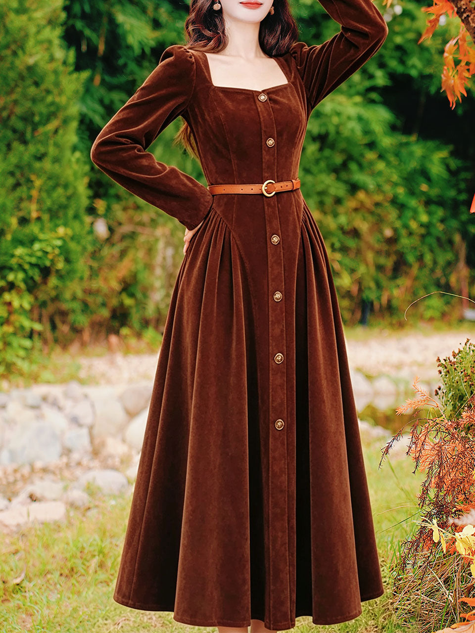 Vintage Brown Velvet Square Neck Puff Sleeve Button-Down Midi Dress