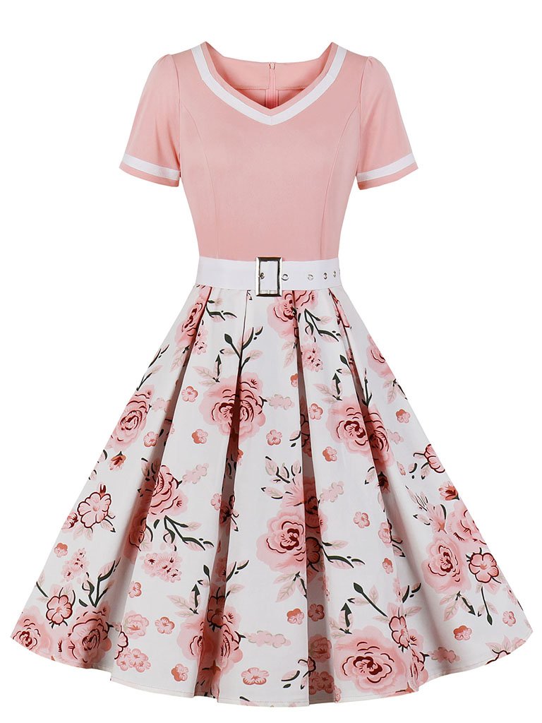 Pink Sweet Heart Collar 1950S Vintage Floral Swing Dress