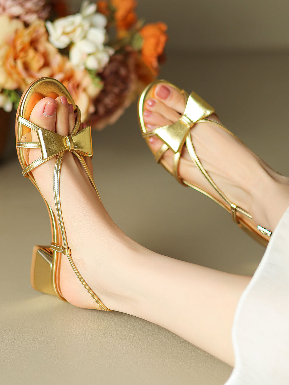 Round Open Toe Bow Chunky Heel Sandals Leather Vintage Shoes
