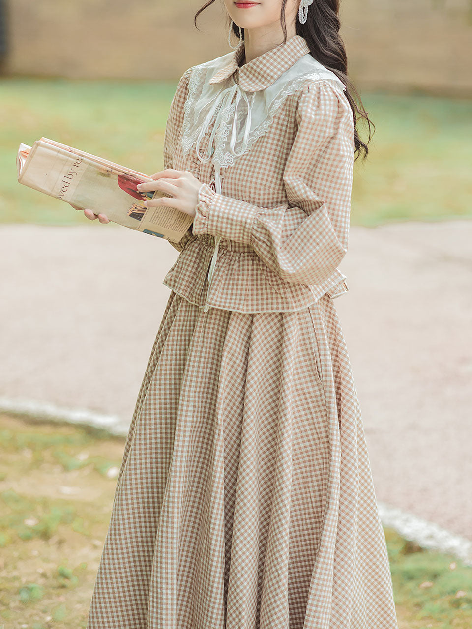 2PS 1950S Plaid Long Sleeve Shirt And Swing Skirt Dress Suit