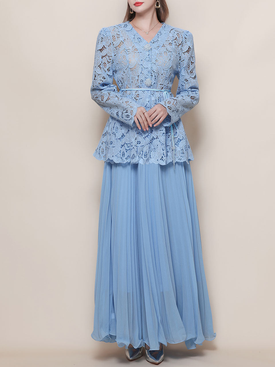 Baby Blue V Neck Long-Sleeve Lace Blouse