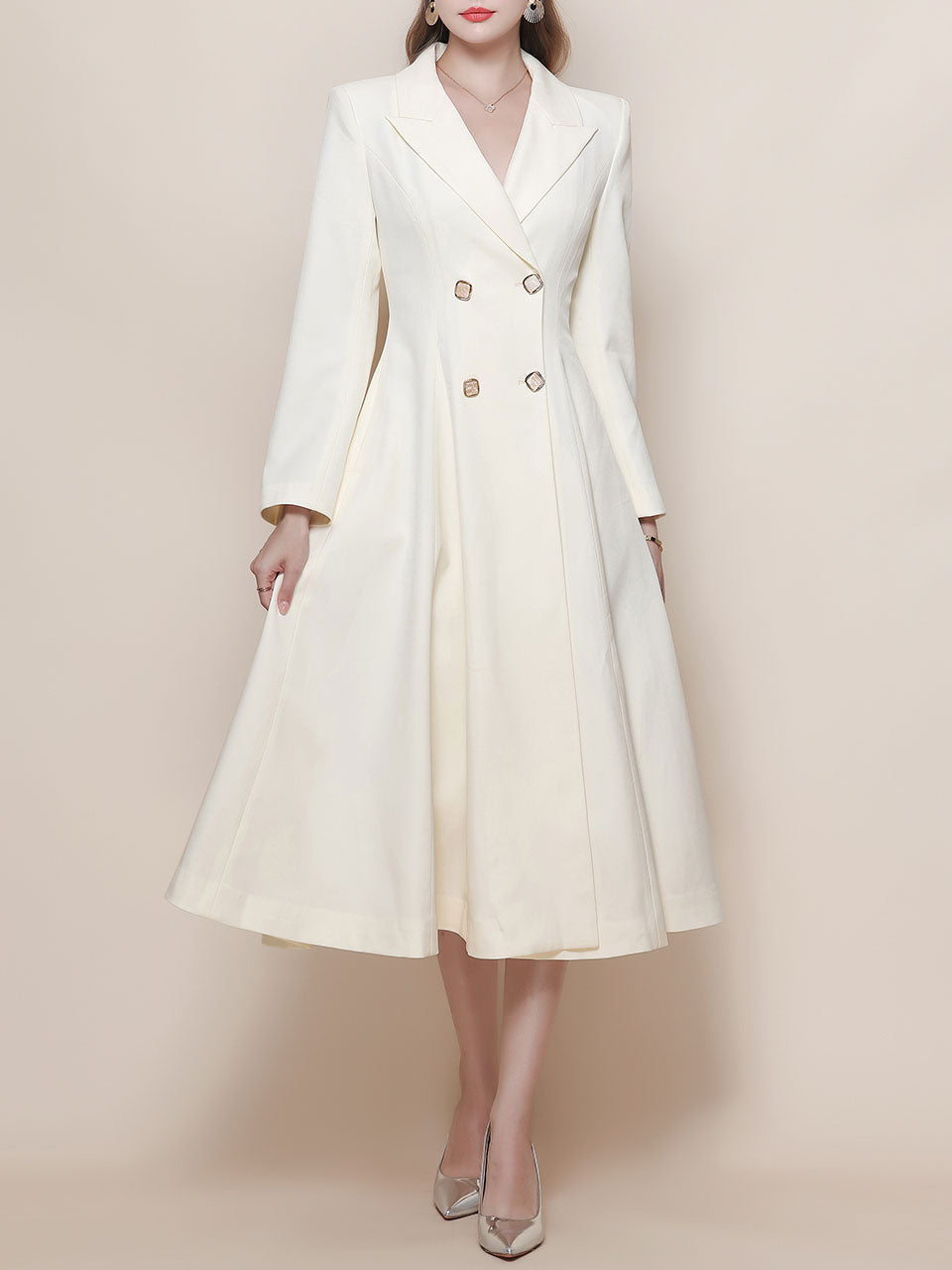 White Vintage Style Double Breasted Trench Dress Coat