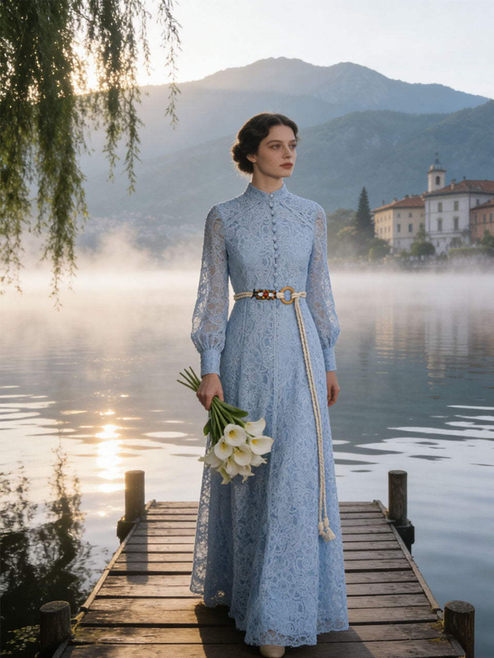Blue Edwardian Lace Stand Collar Long Sleeve Maxi Dress