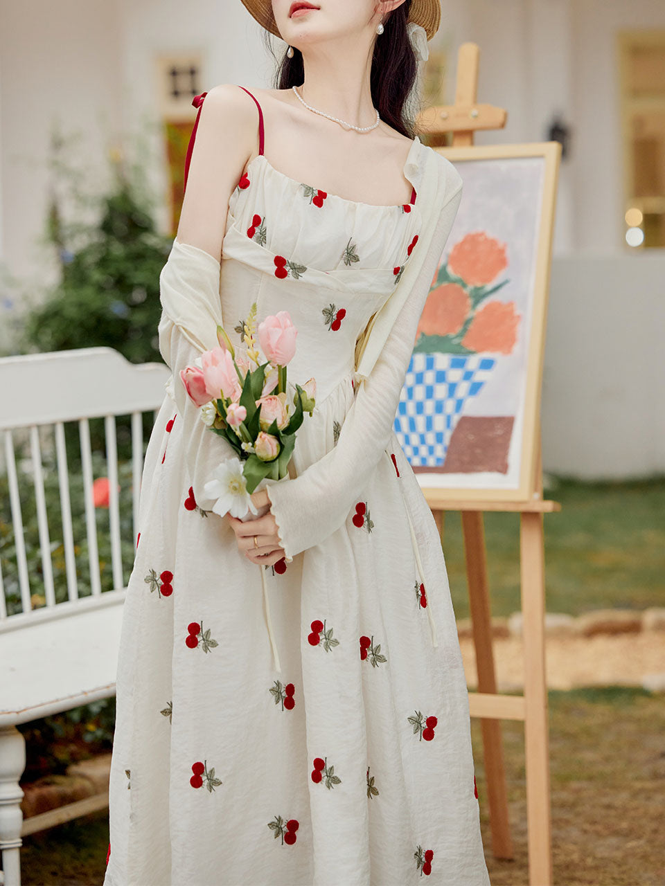 2PS White Cherry Print Spaghetti Strap Dress