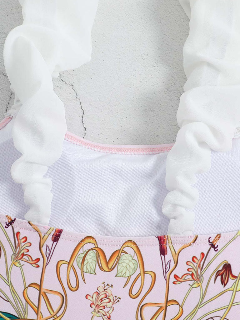 Pink Floral Print Flower Strap One Piece