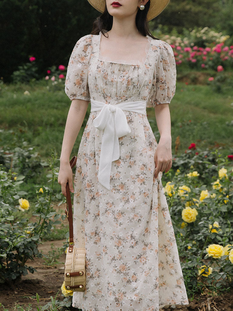 Floral Embroidered Lace Puffed Sleeve Chiffion Vintage Dress