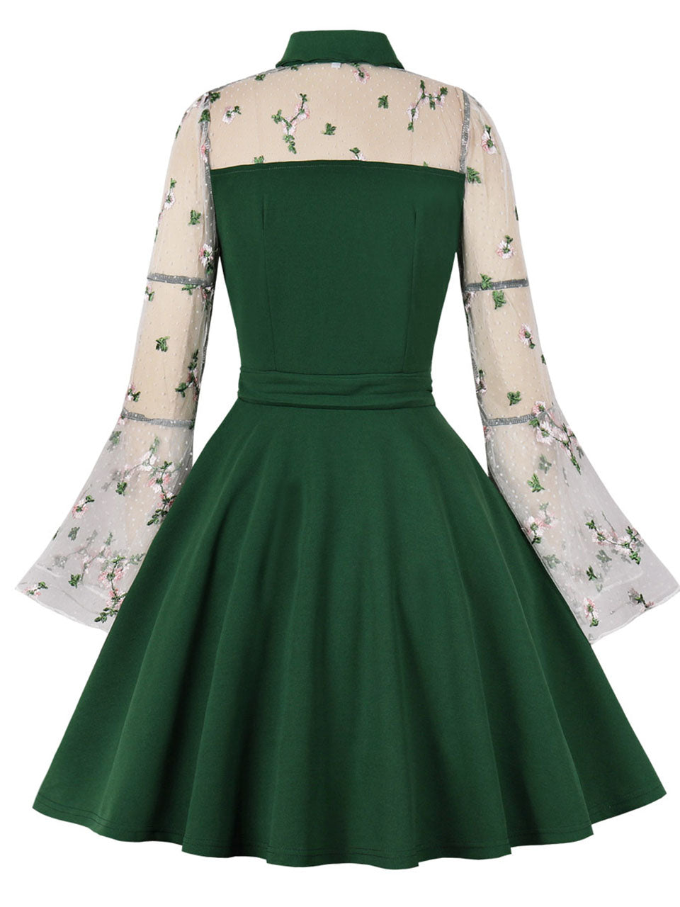 Dark Green Turn Down Flower Embroidered Semi-Sheer 1950S Vintage Dress