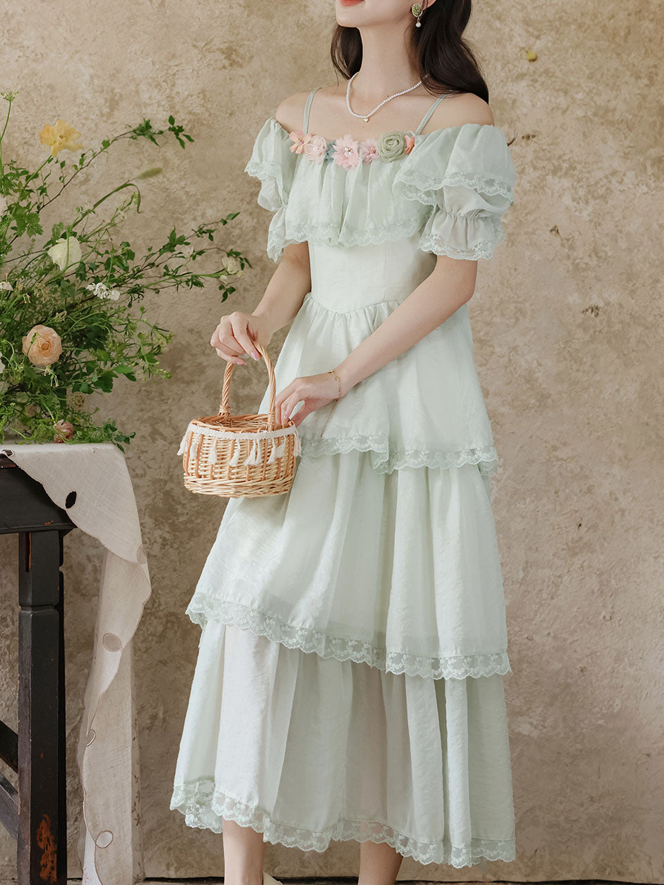 Light Green Off Shoulder Chiffon Tiered Maxi Dress