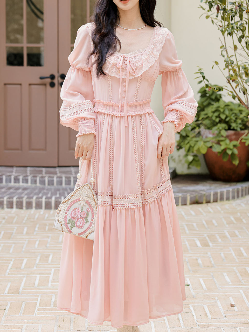 Pink Lace Long Sleeve Victorian Square Neck Vintage Dress
