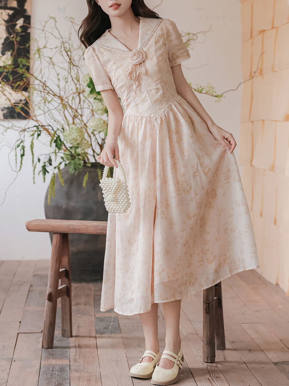 Apricot Sailor Collar Handmade Rosettes Vintage Dress