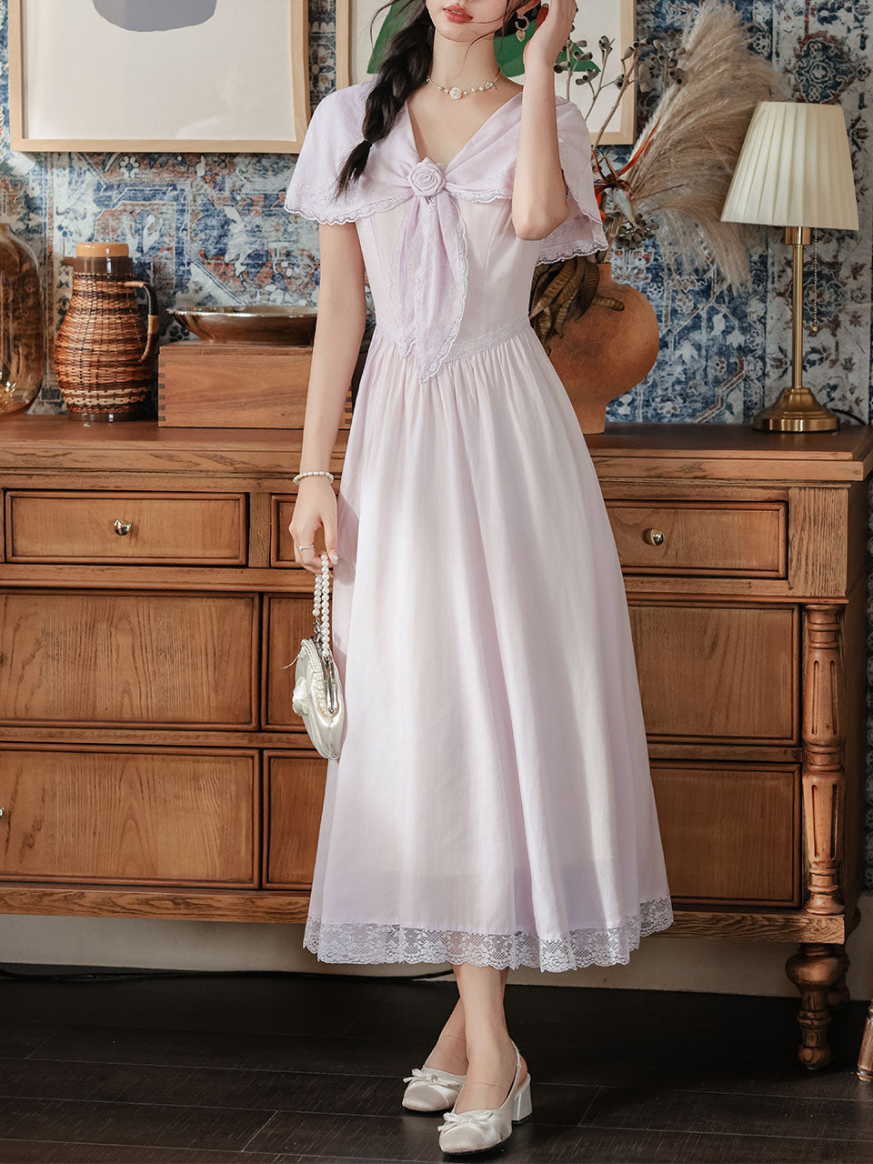 Vintage Edwardian Lilac Capelet Sleeve Tea Gown