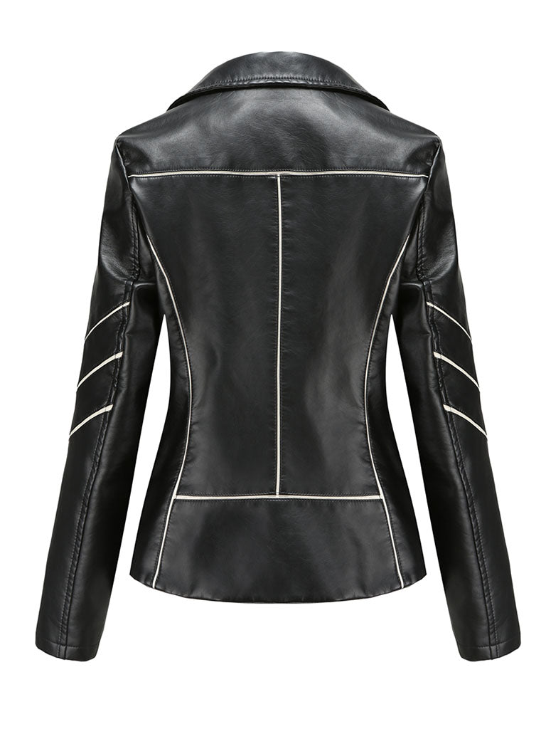 Turn Down Collar Long Sleeve PU Leather Motorcycle Jacket