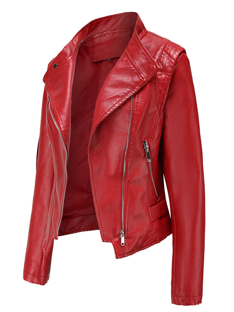 Navy Long Sleeve PU Leather Motorcycle Jacket