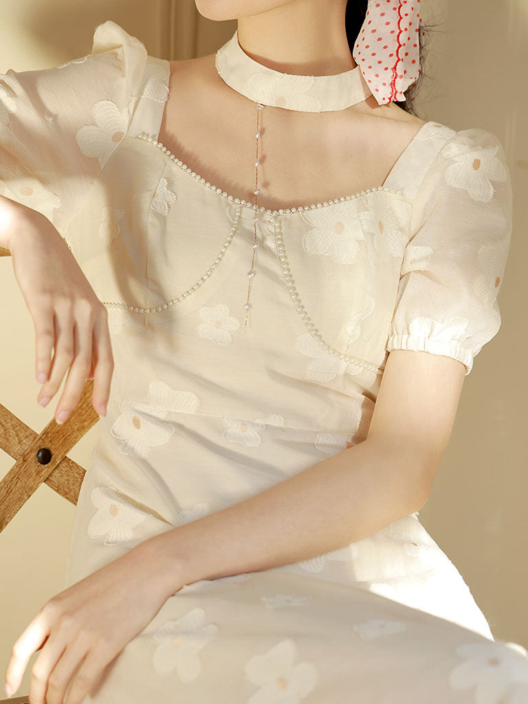 White Daisy Pearl Puff Sleeves 50S Vintage Dress