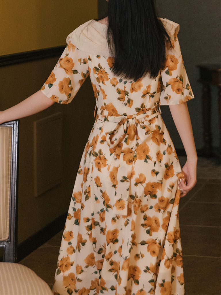 Orange Rose Print Off Shoulder Short Sleeves 50S Chiffon Dress