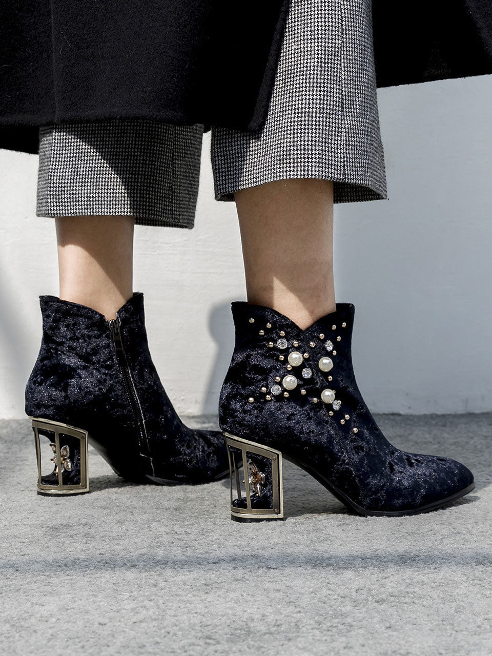 7CM Luxury Pearls And Diamonds Chunky High Heel Bootie Vintage Shoes