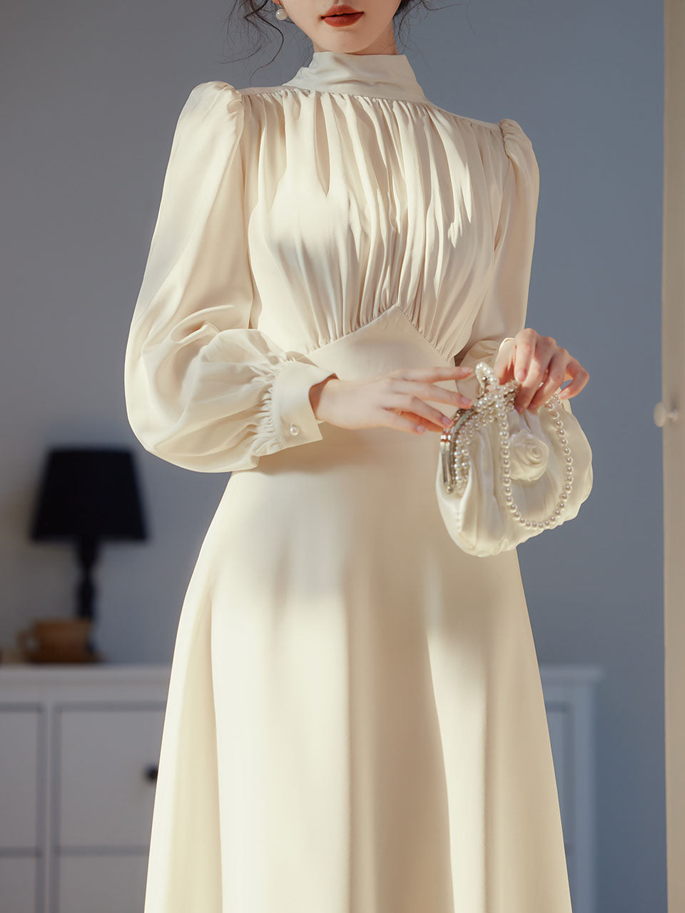 White Satin Pleat Edwardian Revival Vintage Wedding Dress