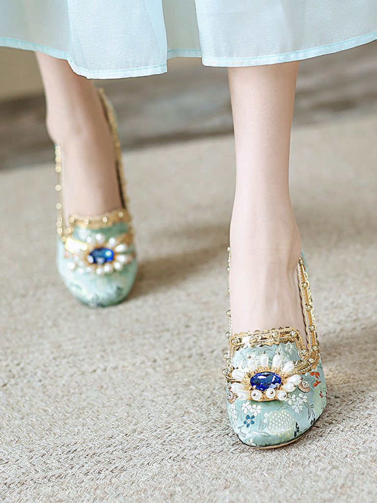 10CM Luxury Pearls And Diamonds Chunky Heels Retro Shoes