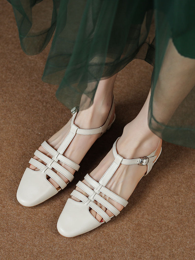 Flats Sandals Round Toe Hollow Belt Leather Vintage Shoes