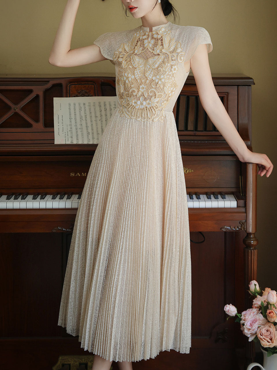Apricot Embroidered Butterfly Hollow Short Sleeve Lace Dress