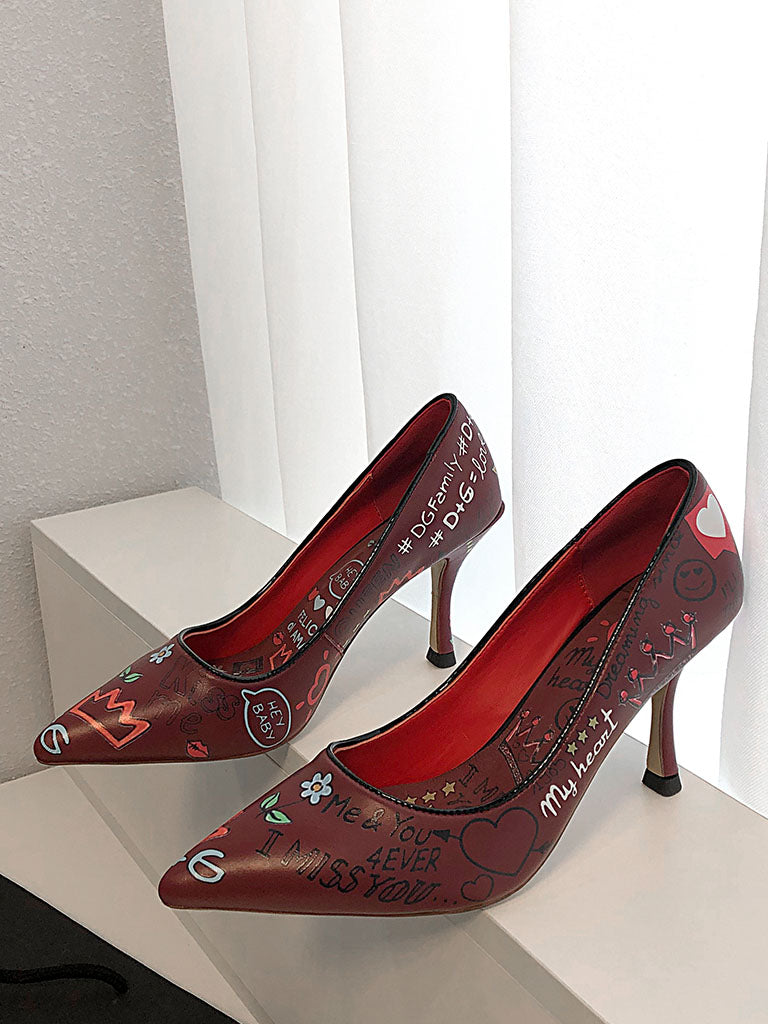 Wine Red Graffiti Print Stiletto Heel Vinatge Shoes