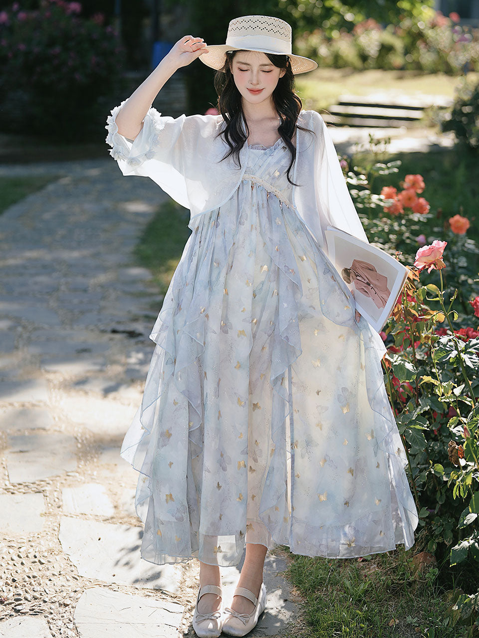Fairycore Butterfly Maxi Dress Glitter Ruffle Halter Prom Gown