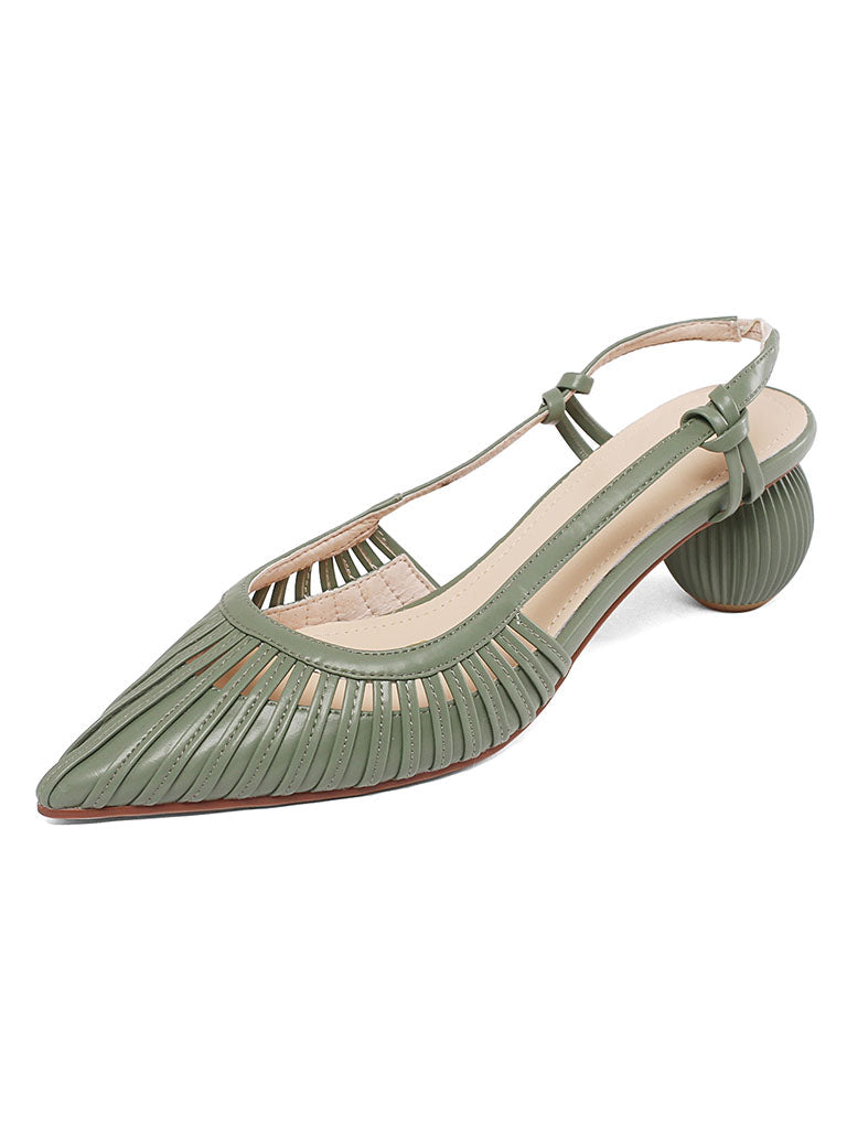 Ball Heel Sandals Pointed Toe Hollow Belt Leather Vintage Shoes