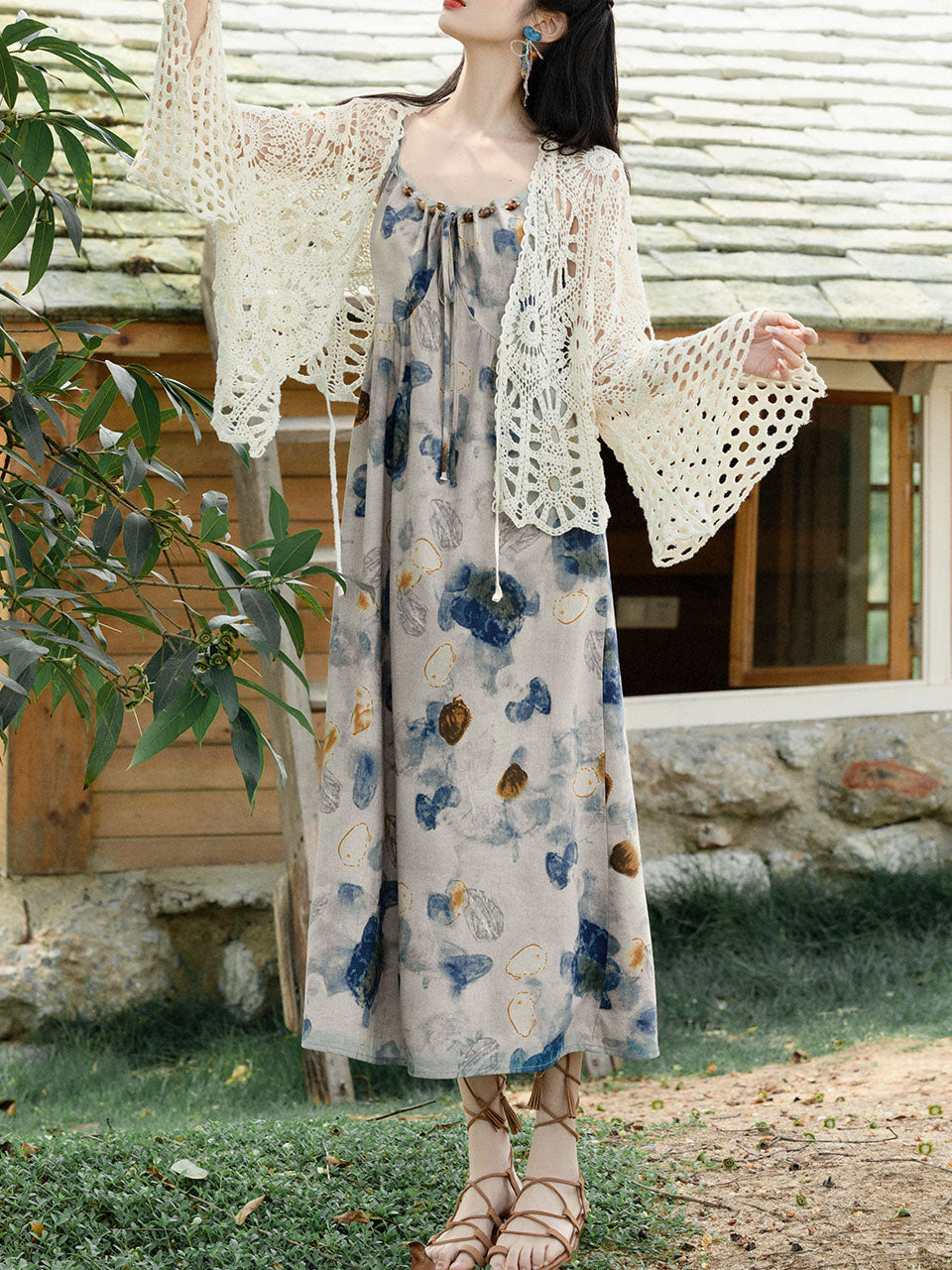 2PS Blue Spaghetti Strap Tropical Pattern Holiday  Dress