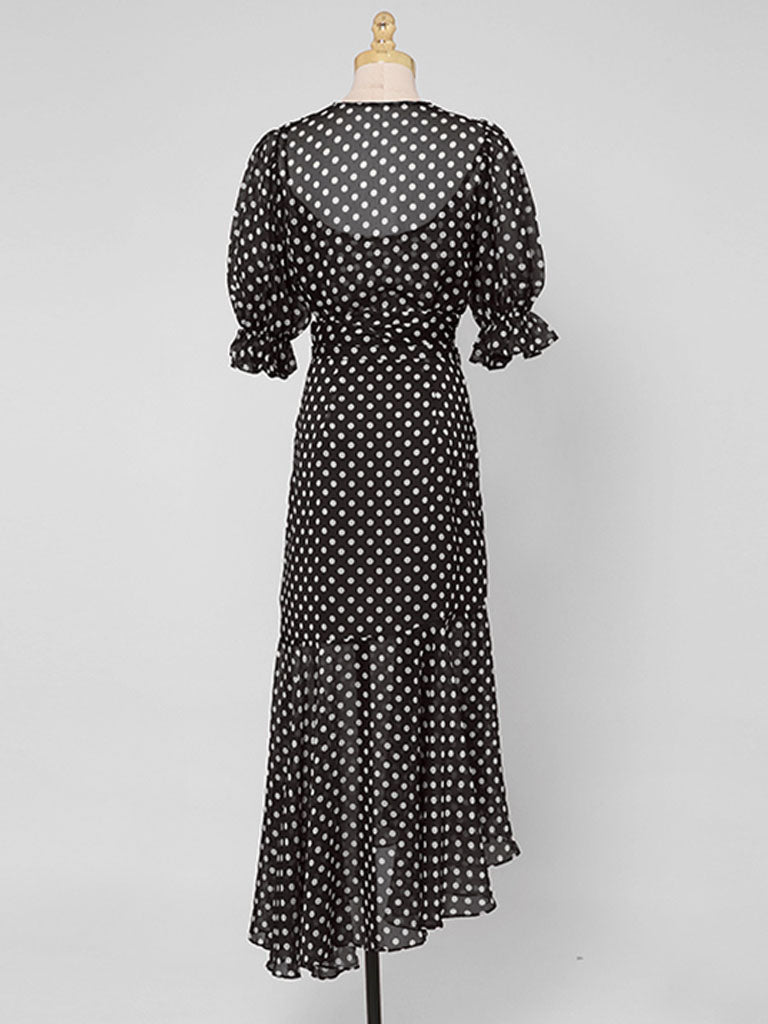 Black Polka Dots V Neck Vintage Style Ruffles Dress