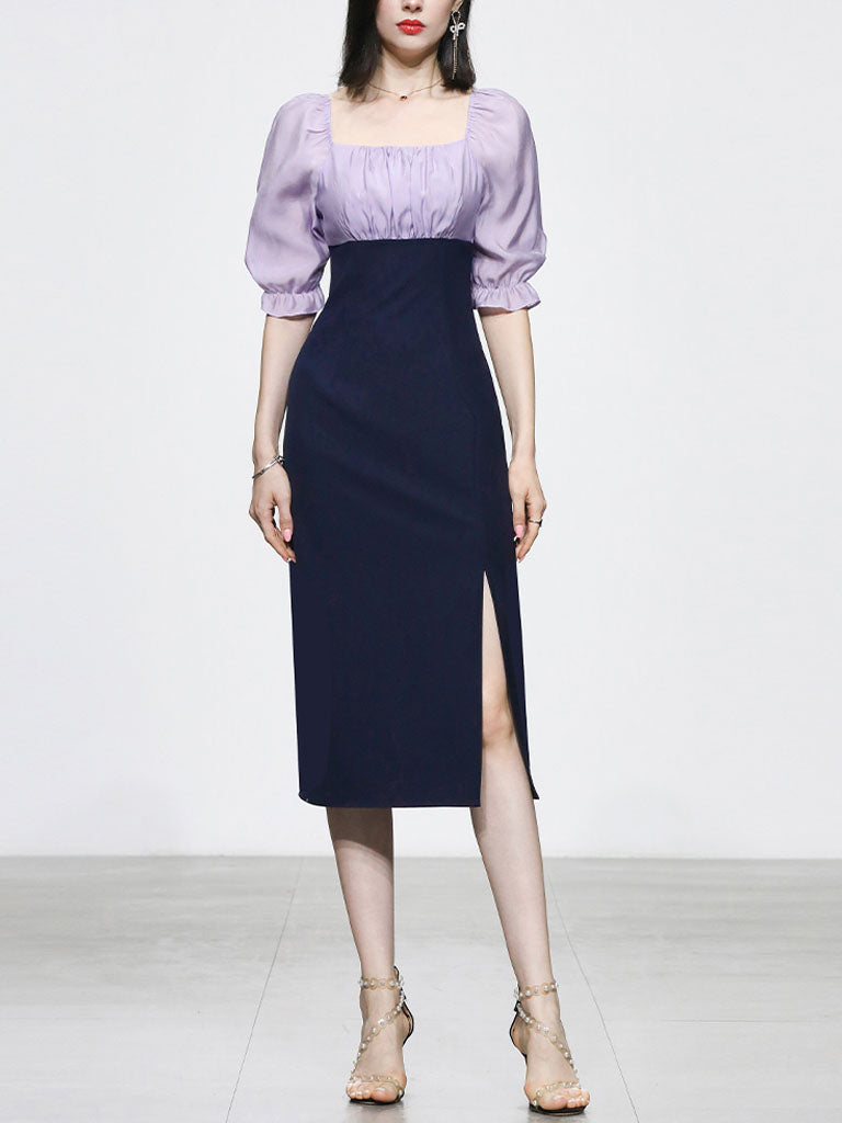 Purple Puff Sleeve Square Neck Slit 1940S Vintage Dress