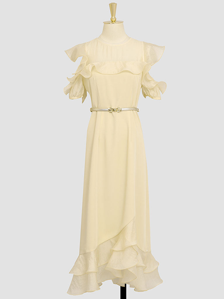 Yellow Organza Semi-Sheer  Ruffled Hem Vintage Dress